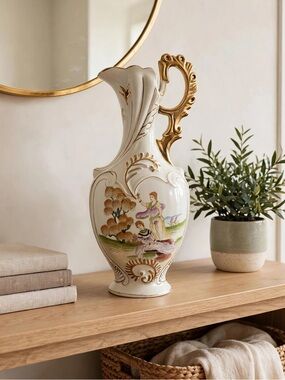Vintage 15" Capodimonte Style Porcelain Ewer Vase Gold Gilt Victorian Ladies